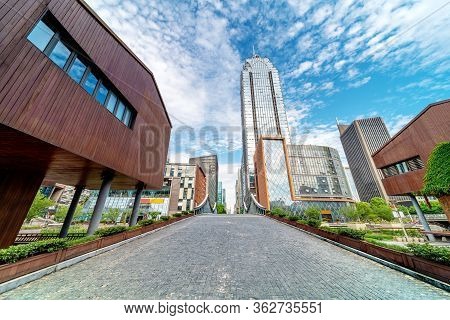 Small Road In The City And Skyscrapers On Both Sides, Ningbo, China.