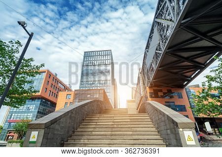 Famous Water Street, Bridge And Tall Buildings, Ningbo, China.