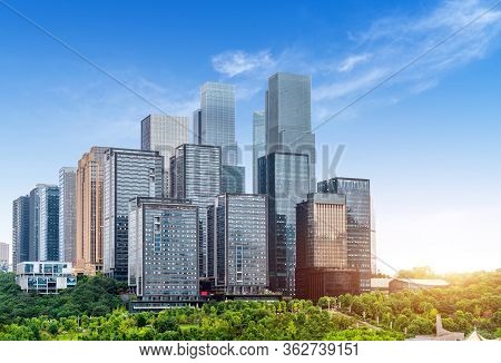 Parks And Dense Modern Buildings, Jiangbei New City, Chongqing, China.
