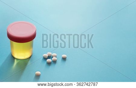 Urinalysis, Drug Testing, Drug, Pills. Plastic Jars For Medical Tests.. Urine Test