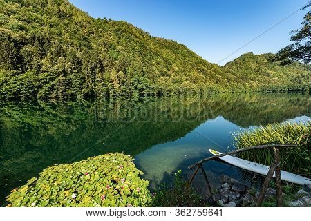 Lago Di Levico, Small Beautiful Lake In Italian Alps, Valsugana Valley, Levico Terme Town, Trento Pr
