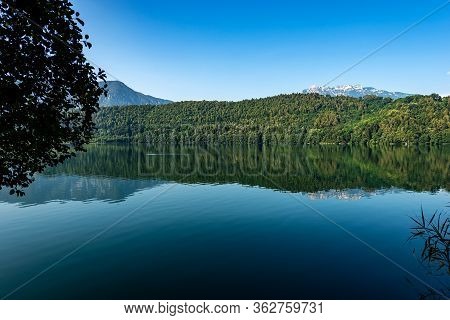 Lago Di Levico, Small Beautiful Lake In Italian Alps, Levico Terme Town, Trento Province, Trentino A