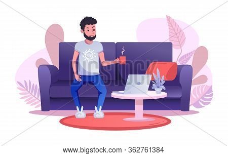 A Man Works Remotely, Sitting On The Sofa And Drinking A Cup Of Tea Or Coffee. Completed Flat Cartoo