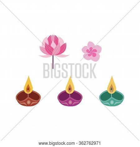 Diwali Candle And Flowers Set - Traditional Indian Festival Symbols