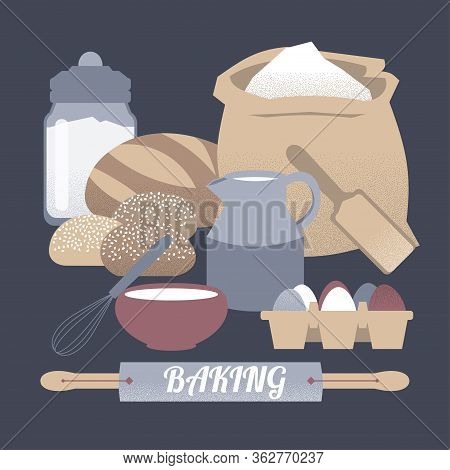 Home Baking Illustration With Milk Decanter, Rolling Pin, Flour, Sugar Container And Eggs.