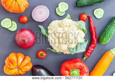 Healthy Food. Assortment Vegetables On Black Lilak Background. Top View. Copy Space. Composition Wit