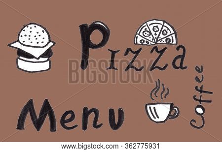 Coffee, Pizza And Burger In Cartoon Style On White Background.
