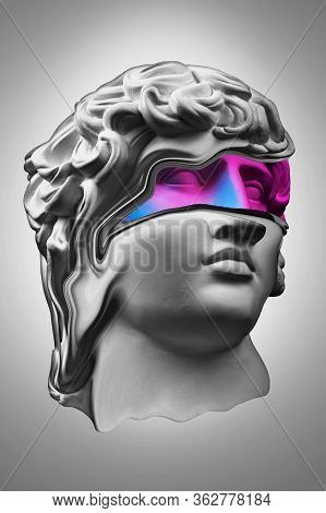 Collage With Plaster Antique Sculpture Of Human Face In A Pop Art Style. Creative Concept Colorful N