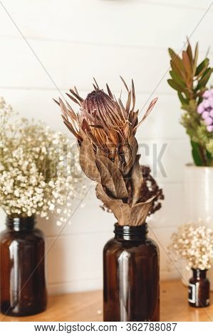 Dry Protea Flower, Brunia, Gypsophila And Dried Herbs In Different Brown Glass Bottles On Wooden She