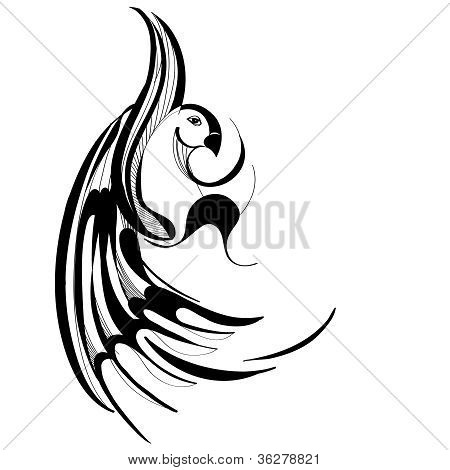 Tyylitelty mustavalkoinen piirros lintu