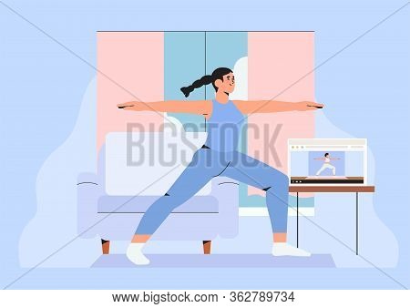 Girl In Her Room Or Apartment Practicing Yoga Or Doing Exersice Watching Video Online On Laptop At H