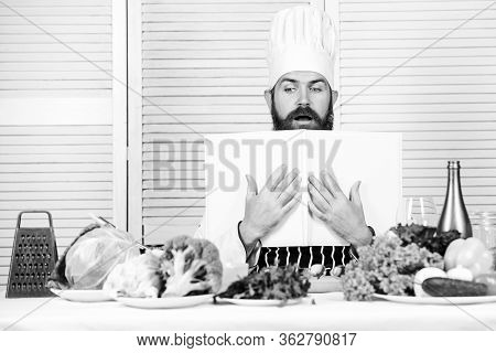 Start Culinary Career. Ultimate Cooking Guide Step By Step. Book Recipes Copy Space. Man Chef In Hat