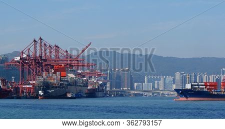 Kwai Tsing, Hong Kong 29 November 2019: Kwai Tsing Container Terminals in Hong Kong