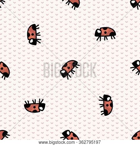 Cute Ladybug Seamless Vector Pattern. Hand Drawn Biology Garden Wildlife For Stay Home Illustration.