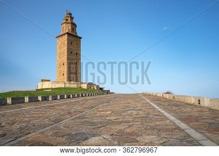 Historic Roman Lighthouse Torre De Hercules, Landmark Of A Coruna, Galicia, Spain