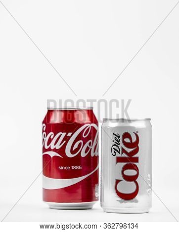 Atlanta, Georgia, Usa April 4, 2020: Two Cans Of Coca-cola Classic Diet Coke Zero Calories Diet Coke