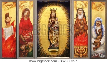 WASSERALFINGEN, GERMANY - MAY 05, 2014: Altar of women by Sieger Koder in St. Stephen's church in Wasseralfingen, Germany