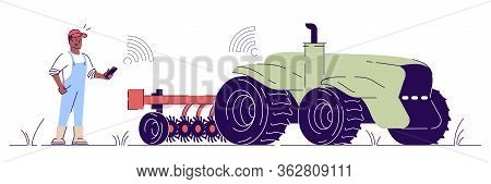 Driverless Tractor With Attachment Flat Illustration. Autonomous Agricultural Machinery Outline Conc