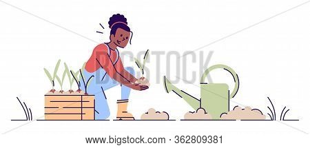 Girl Gardening Flat Vector Illustration. African American Woman Planting Seedlings With Watering Can
