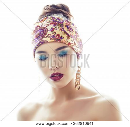 Young Pretty Modern Girl With Bright Shawl On Head Emotional Posing Isolated On White Background, As