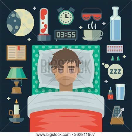 Young Man With Sleep Insomnia Problem. Man Try To Sleep On Pillow In His Bed Under The Blanket. Exha