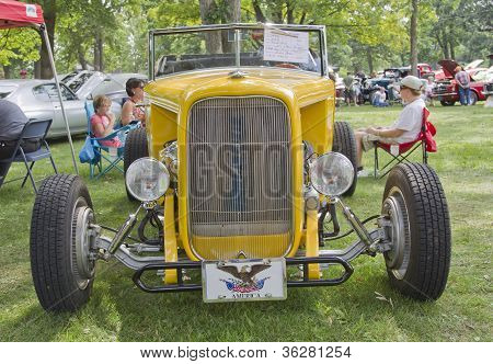 Front View Of A 1932 Yellow Ford Roadster