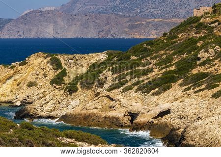 Panoramic View Of A Sea And Islands From The Top Of The Mountain, On The Island Of Crete, Greece.
