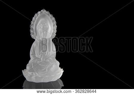 Crystal Guan Yin Or Quan Yin Statue On Black Background, Chinese Sculpture