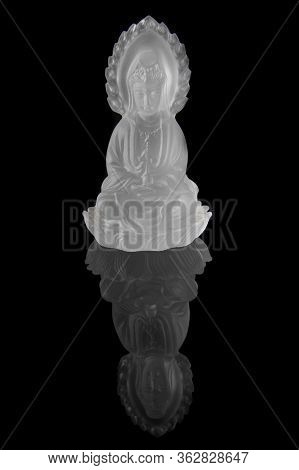 Crystal Guan Yin Or Quan Yin Statue On Black Background, Chinese Sculpture