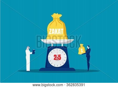 Businessman Pay Zakat From Profit On Ramadan Kareem On Blue Background.