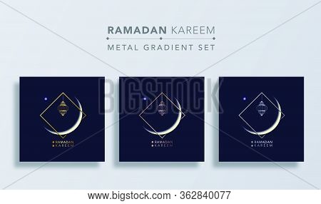 Ramadan Kareem Islamic Design Crescent Moon With Gold Copper And Silver Square Frame On Dark Blue Ba