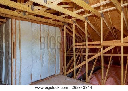 Attic With For Thermal Insulation Frame House In Process Of Construction