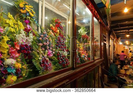 Kolkata, West Bengal, India - 29th December 2019 : Flowers Inside Showcase At Flower Market Of Espla