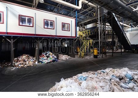Grodno, Belarus - October 2018: Manual Waste Sorting Department At Modern Waste Plant With Conveyor 