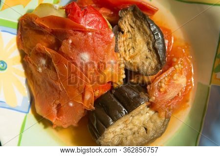 Mold On Stewed Vegetables, Spoiled Food Close-up On A Plate