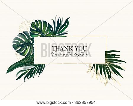 Vector Horizontal Wedding Invitation Card Set With Greenery Tropical Leaves And Gold Glitters. Save 