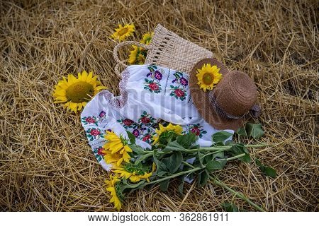 Still Life Of Hats And Baskets With Sunflowers On A Mowed Field
