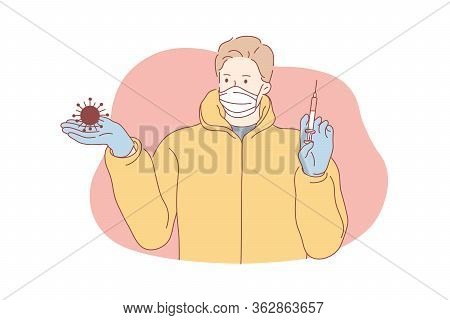 Coronavirus, Vaccine, Healthcare Concept. Young Man Or Boy Cartoon Character In Medical Face Mask Ho