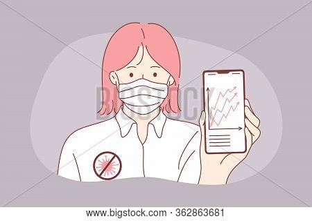 Statistics, Coronavirus, Danger Growth Concept. Young Woman Girl With Medical Face Mask Showing Covi