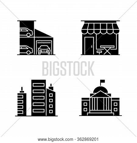 Industrial Buildings Black Glyph Icons Set On White Space. Multistorey Car Parking Lot. Cafe Storefr
