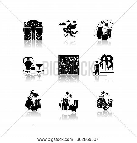 Art Movements Drop Shadow Black Glyph Icons Set. Artworks In Surrealism, Neoclassicism Styles. Impre