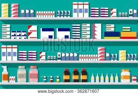 Modern Interior Of Pharmacy. Medicine Pills Capsules Bottles Vitamins And Tablets. Drugstore Showcas