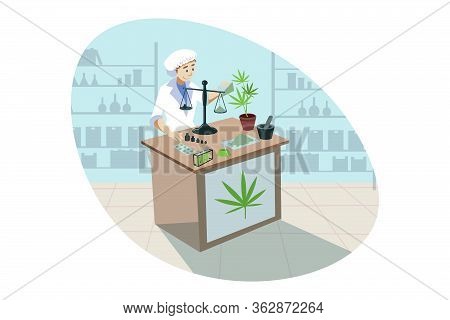 Marijuana, Cannabis, Medical Research, Analysis Concept. Young Woman Doctor Chemist Does Marijuana M