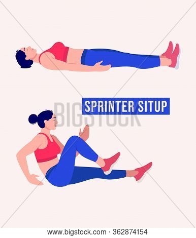 Girl Doing Sprinter Situp Exercise, Woman Workout Fitness, Aerobic And Exercises. Vector Illustratio