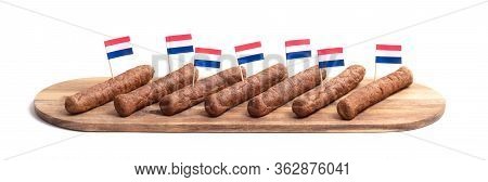 Wooden Tray With Frikadellen, A Dutch Fast Food Snack, Isolated