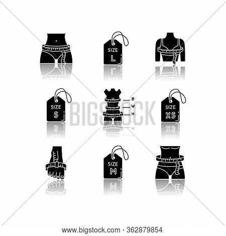 Female Clothing Sizes Drop Shadow Black Glyph Icons Set. Various Women Body Parameters Measurement F