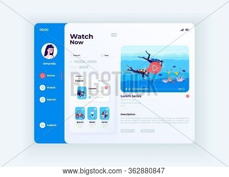 Live Streaming Service Tablet Interface Vector Template. Mobile App Page Day Mode Design Layout. Use