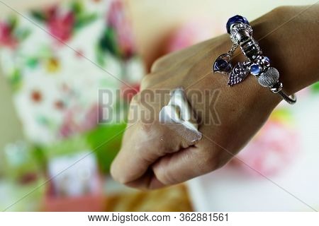 Beauty Women Hand Cream On Hands. Woman Hands Applying Moisturizing Cream To Her Skin. Beautiful Wom