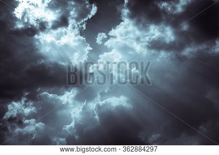 Dark Dramatic Sky And Clouds. Background For Death And Sad Concept. Gray Sky And Fluffy White Clouds