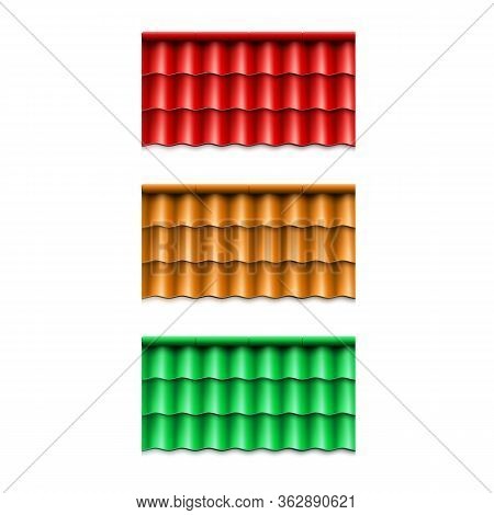 Set Of Corrugated Roof Tile. Modern Roof Coverings. Vector Illustration Isolated On White Background